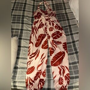 SHEIN Pink Halter Jumpsuit with Red Leaf Print